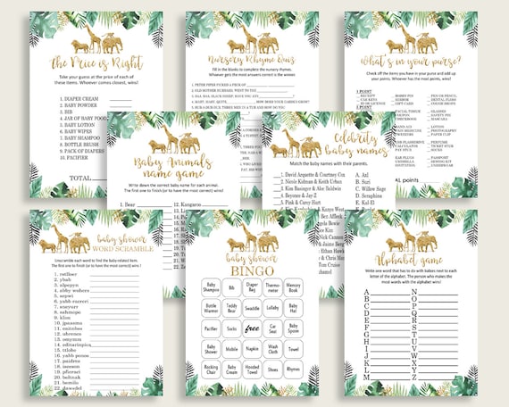 Jungle Baby Shower Games Printable Pack, Gold Green Baby Shower Games Package Gender Neutral, Jungle Games Bundle Set, Instant EJRED Il_570xn