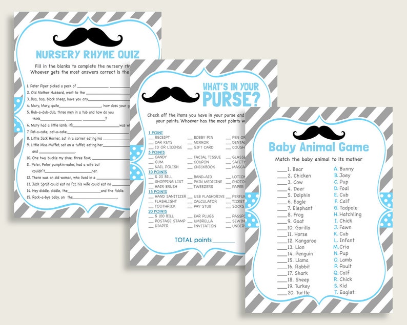 Mustache Baby Shower Games Printable Pack Blue Gray Baby - Etsy