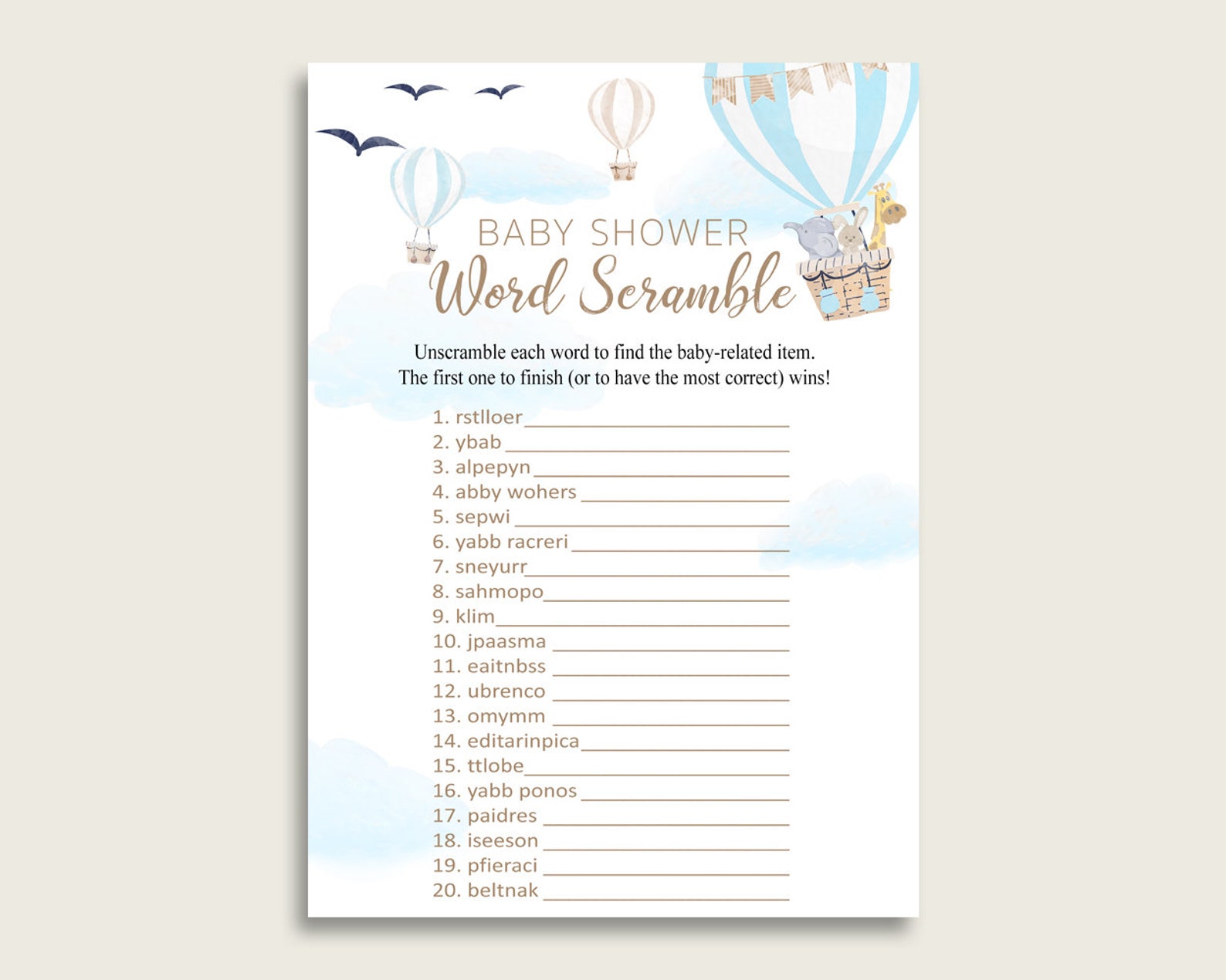 Boy Baby Shower Word Scramble Game Printable, Cute Hot Air Balloon Blue ...