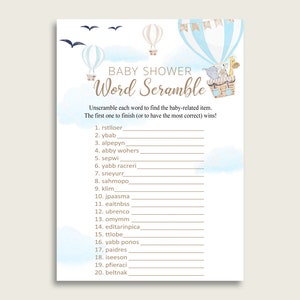 Boy Baby Shower Word Scramble Game Printable, Cute Hot Air Balloon Blue White Word Scramble, Funny Activity, Instant Download, CSXIS