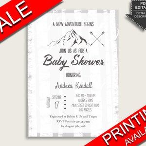 Adventure Mountain Baby Shower Invitations Printable, Digital Or Printed Invitation Baby Shower Boy, Editable Invitation Gray White S67CJ