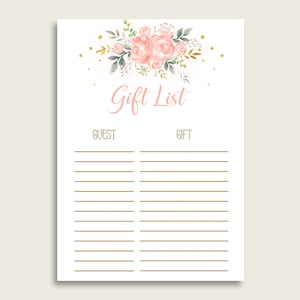 Peach Floral Baby Shower Gift List, Pink Gold Gift List Printable, Girl Baby Shower Gift Checklist Sheet, Instant Download, 1W00B
