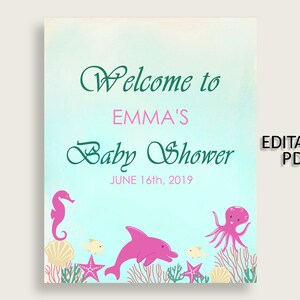 Pink Green Under The Sea Baby Shower Welcome Sign Printable, Party Large Sign, Editable Welcome Sign Girl, Yard Sign, Instant uts01