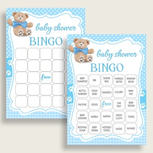 TeddyBeer Baby Douche Bingo Kaarten Afdrukbaar, Blauw Bruin Baby Douche Jongen, 60 Voorgevulde Bingo Game Cards, Mr Bear Bow Tie tb001