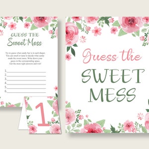 May include: A printable game card with pink floral borders and the text "Guess the Sweet Mess". The card has a list of numbers 1 through 6 with blank lines next to each number. The card is designed for a baby shower game.