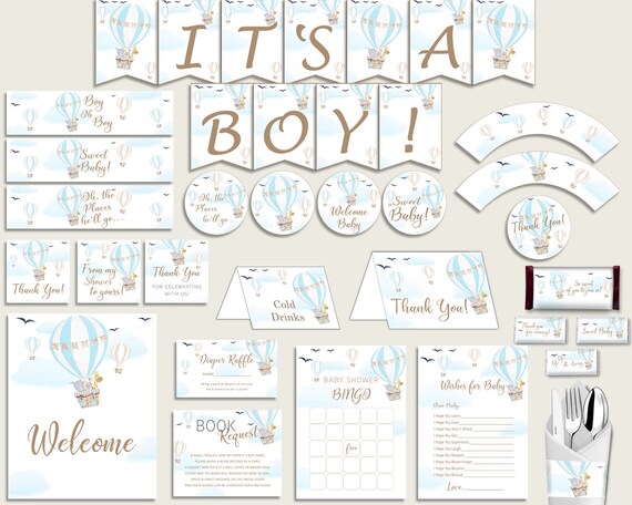 Blue White Baby Shower Decorations Boy Kit, Hot Air Balloon Baby Shower Party Package Printable, Instant Download, Up Up And Away CSXIS Il_570xn