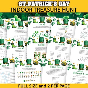 Puede incluir: Un juego de búsqueda del tesoro interior para el Día de San Patricio imprimible con 10 pistas. Cada pista es un rompecabezas o acertijo que lleva a la siguiente pista. El juego está diseñado para niños e incluye un mensaje feliz del Día de San Patricio.