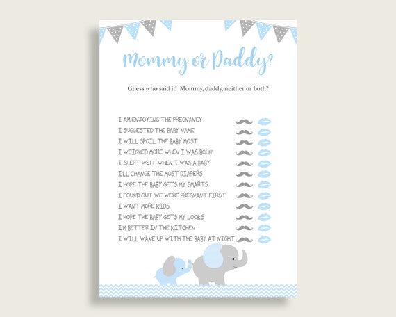 Blue Grey Mommy Or Daddy Baby Shower Boy Game Printable, Elephant Guess Who Said It, He Said She Said, Instant Download, Chevron, ebl02 Il_570xn
