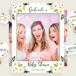 White Floral Baby Shower Selfie Frame Printed, Girl Baby Shower Photo Booth Frame, Photo Prop Waterproof, flp02