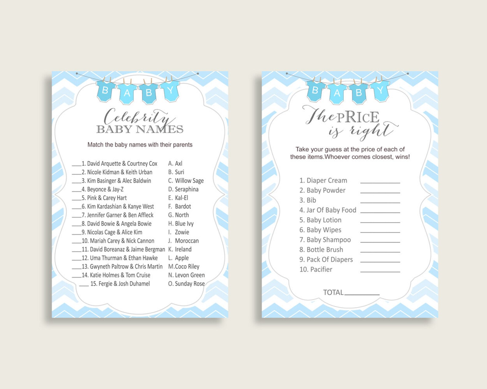 Chevron Baby Shower Games Printable Pack Blue White Baby - Etsy