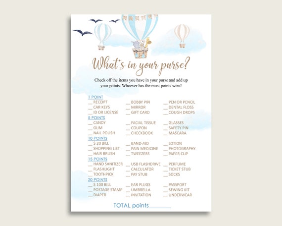 Hot Air Balloon What S In Your Purse Game Printable Blue Etsy