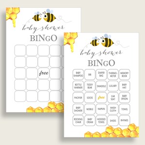Bee Baby Shower Bingo Cards Stampabile, Giallo Bianco Baby Shower Gender Neutral, 60 Carte da gioco Bingo preriempite, Queen Bee Bumble Bee bee01