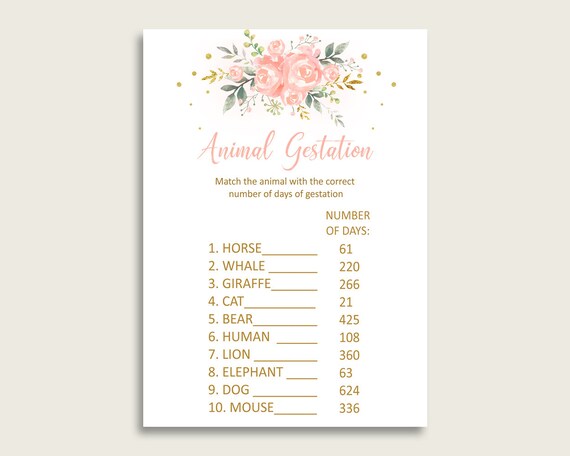 Peach Floral Animal Pregnancy Gestation Game, Pink Gold Baby Shower Girl Printable Activities, Instant Download, Blush Pink Bouquet 1W00B Il_570xn