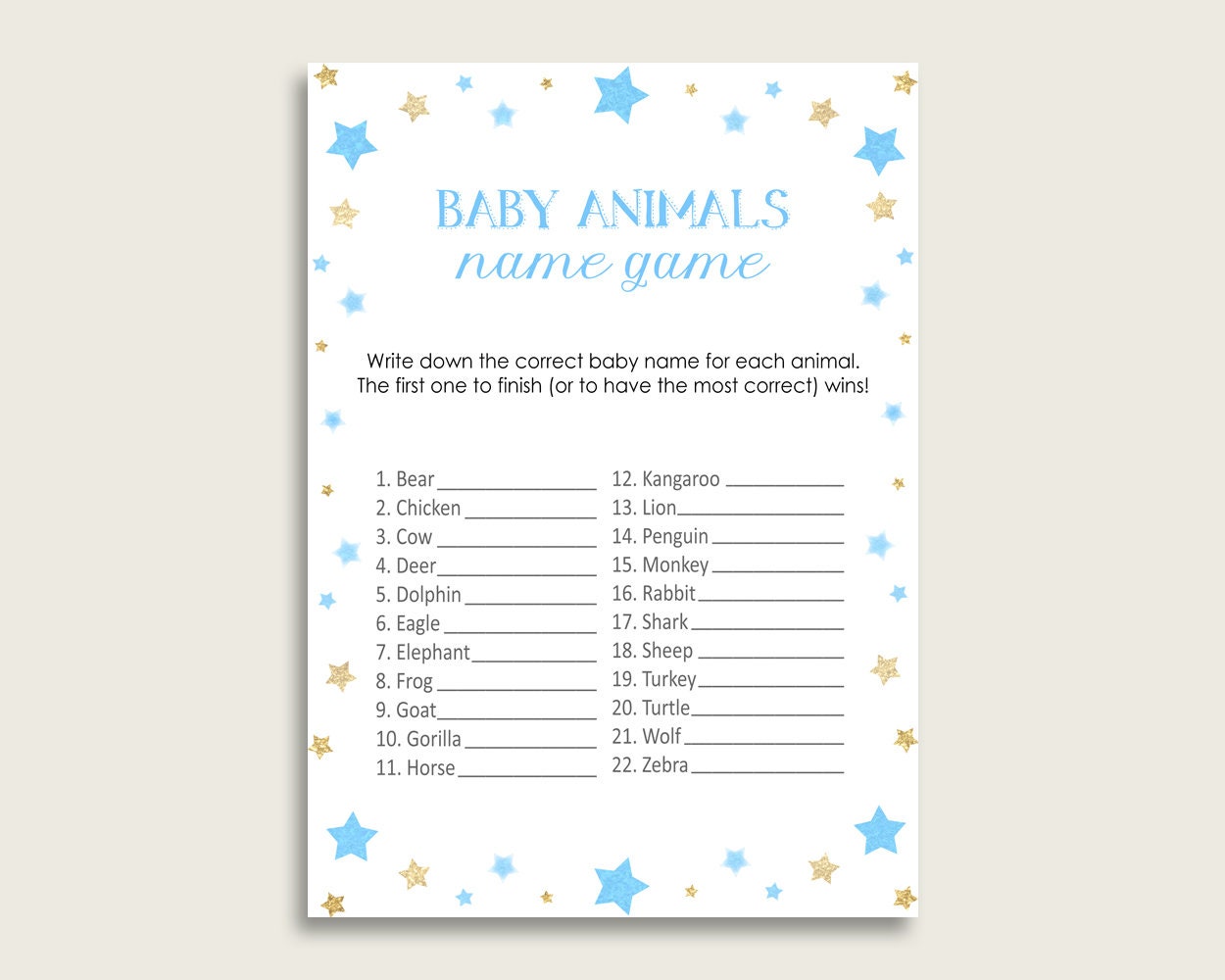 Stars Name the Baby Animals Game Printable Blue Gold Baby - Etsy Australia Stars Name the Baby Animals Game Printable Blue Gold Baby - Etsy Australia