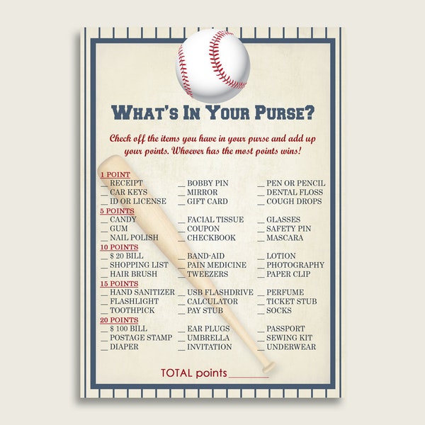 Baseball What's In Your Purse Game Printable, Blue Beige Whats In Your Purse, Boy Baby Shower Purse Game, Instant Download, YKN4H