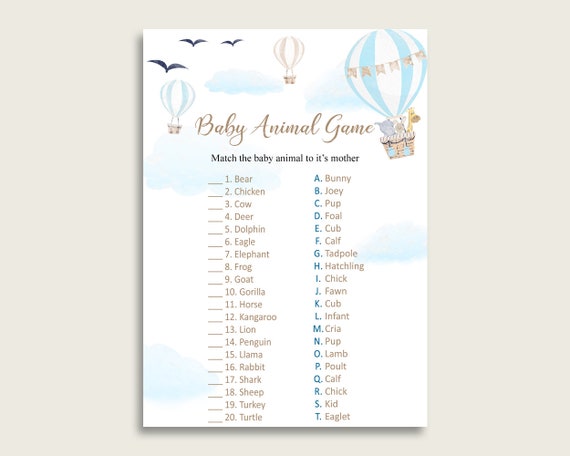 Hot Air Balloon Name the Baby Animals Game Printable Blue - Etsy Hot Air Balloon Name the Baby Animals Game Printable Blue - Etsy