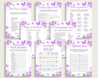 Butterfly Baby Shower Games Printable Pack, Purple White Baby Shower Games Package Girl, Butterfly Games Bundle Set, Instant Download, 7AANK