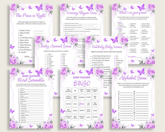 Butterfly Baby Shower Games Printable Pack, Purple White Baby Shower Games Package Girl, Butterfly Games Bundle Set, Instant Download 7AANK Il_570xn