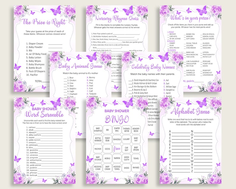 Butterfly Baby Shower Games Printable Pack Purple White Baby Etsy Butterfly Baby Shower Games Printable Pack Purple White Baby Etsy