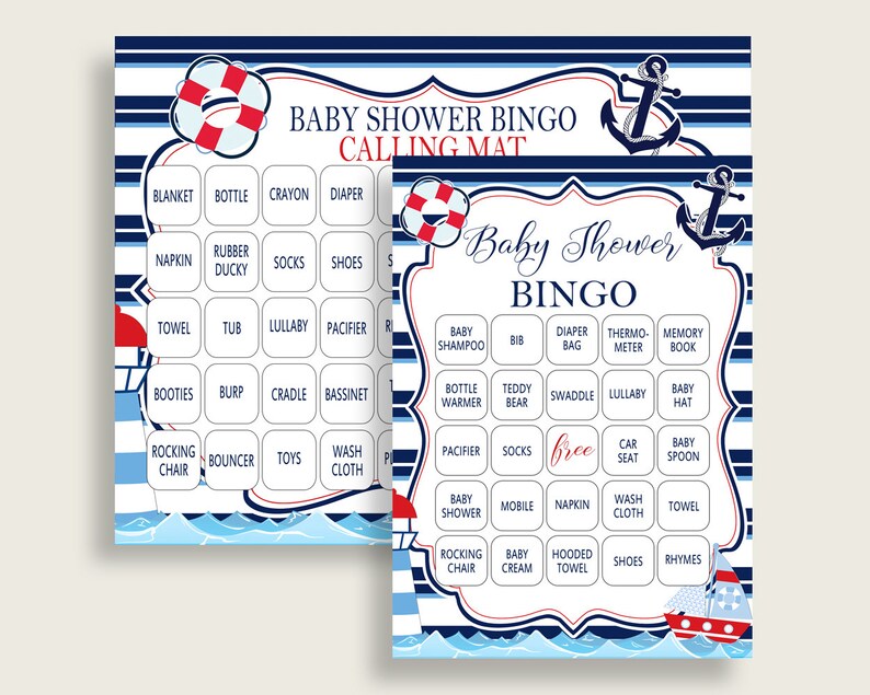 Nautical Baby Shower Bingo Cards Printable Blue Red Baby Etsy