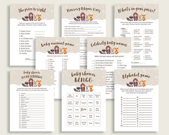 Winter Woodland Baby Shower Games Printable Pack, Beige Brown Baby Shower Games Package Gender Neutral, Winter Woodland Games Bundle RM4SN Il_570xn