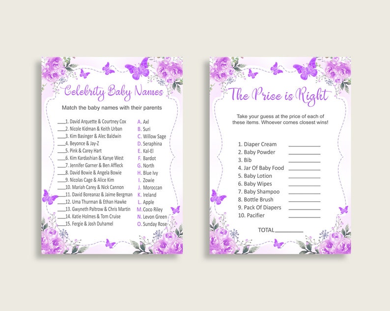 Butterfly Baby Shower Games Printable Pack Purple White Baby Etsy