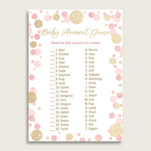 Dots Name The Baby Animals Game Printable, Pink Gold Baby Shower Animal Game, Girl Baby Shower, Instant Download, Polka Dots, RUK83