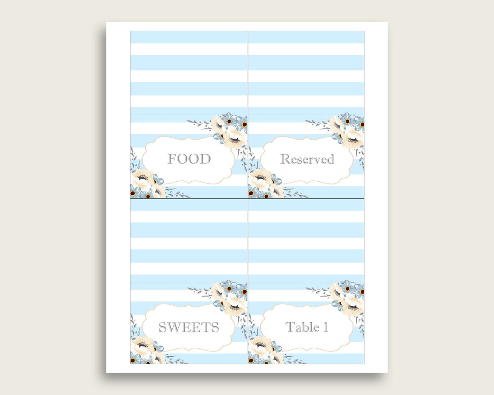 Stripes Folded Food Tent Cards Printable Blue White Editable | Etsy