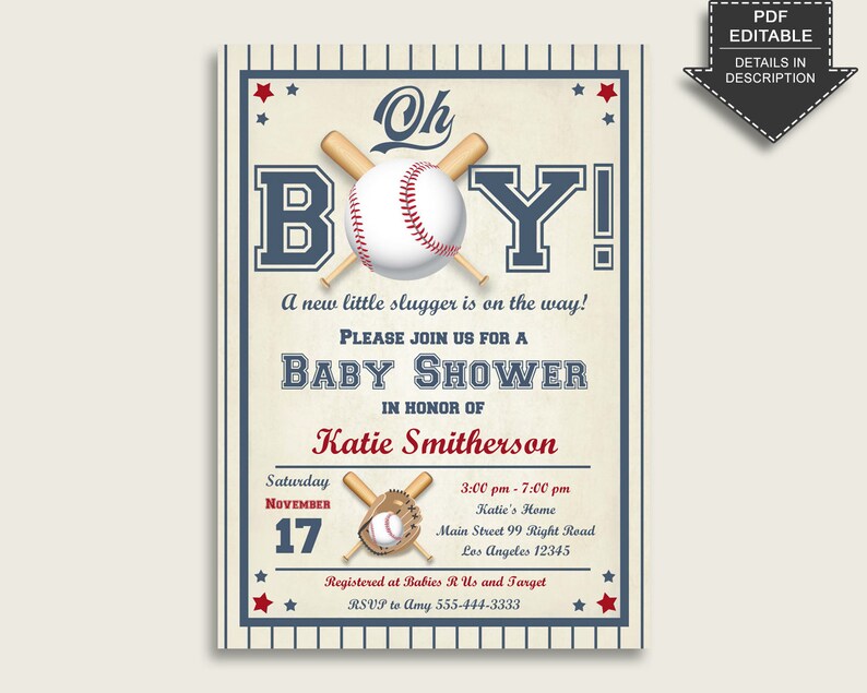 Baseball Baby Shower Invitations Printable, Digital Or Printed Invitation Baby Shower Boy, Editable Invitation Blue Beige All Star YKN4H image 2