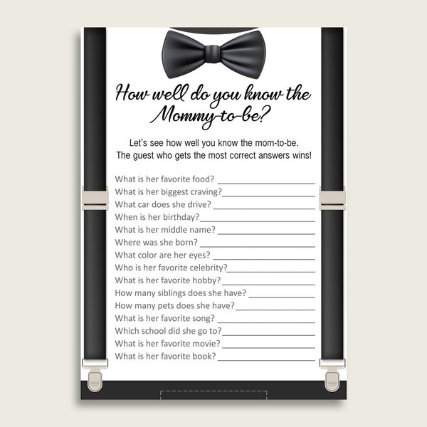 Black Beige How Well Do You Know Mommy Game, Little Man Baby Shower Boy, Who Knows Mommy Best Printable, Lil Man Gents Cute Bowtie lm001