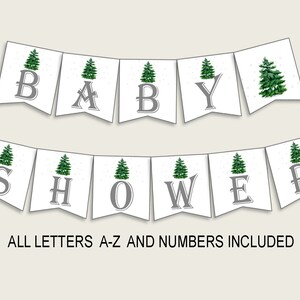 Winter Tree Baby Shower Banner All Letters, Birthday Party Banner Printable A-Z, Green White Banner Decoration Letters Gender Neutral, cgr01