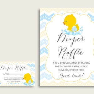 May include: A yellow rubber ducky with a blue heart on its chest is in a bathtub with bubbles. The text "Diaper Raffle" is written in black cursive font. The text "If you brought a pack of diapers for the diaper raffle, please leave your ticket here. Good luck!" is written in black font.