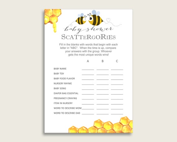 Scattergories Baby Shower Bee Theme, Yellow White Scattergories Game Printable, Gender Neutral Baby Shower Fun Activity, Bumble Bee bee01 Il_570xn