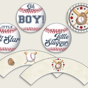 Baseball Cupcake Toppers, Blue Beige Cupcake Wrappers, Toppers Wrappers Baby Shower Boy, Instant Download, Little Slugger All Star YKN4H