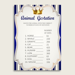 Royal Prince Animal Pregnancy Gestation Game, Blue Gold Baby Shower Boy Printable Activities, Instant Download, Prince Theme Navy rp001