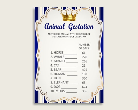 Royal Prince Animal Pregnancy Gestation Game, Blue Gold Baby Shower Boy Printable Activities, Instant Download, Prince Theme Navy rp001 Il_570xn