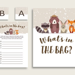 Winter Woodland Baby Shower What&#39;s In The Bag Game, Beige Brown Gender Neutral Bag Game Printable, Instant Download, Woods Theme RM4SN