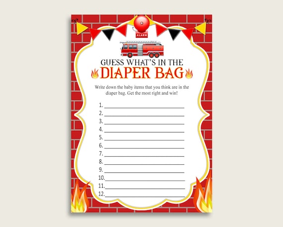Firetruck Guess What's In The Diaper Bag Game, Boy Baby Shower Red Yellow Diaper Game Printable, Instant Download, Fireman, LUWX6 Il_570xn