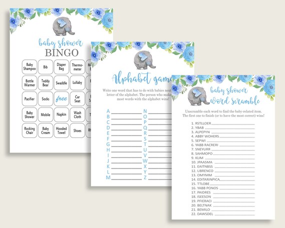 Elephant Baby Shower Games Printable Pack, Blue Grey Baby Shower Games –  Studio 118