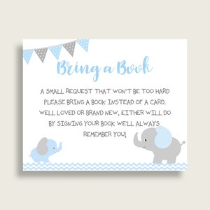 Shower de bébé éléphant apporter un livre Insert imprimable, garçon bleu gris demande de livre, éléphant livres pour bébé, livre au lieu de carte, Chevron ebl02