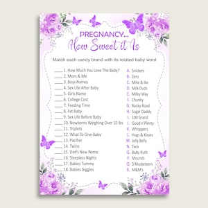 May include: A purple and white printable baby shower game with the text "PREGNANCY... How Sweet it Is" and a list of baby-related words to match with candy brands.