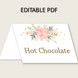 Peach Floral Folded Food Tent Cards Printable, Pink Gold Editable Pdf Buffet Labels, Girl Baby Shower Food Place Cards, Instant 1W00B