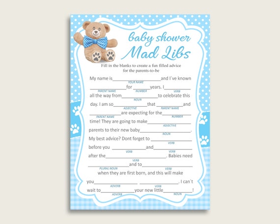Blue Brown Mad Libs Baby Shower Boy Game Printable, Teddy Bear Mad Libs Fun Activity, DIY digital file, Mr Bear Popular Theme tb001 Il_570xn