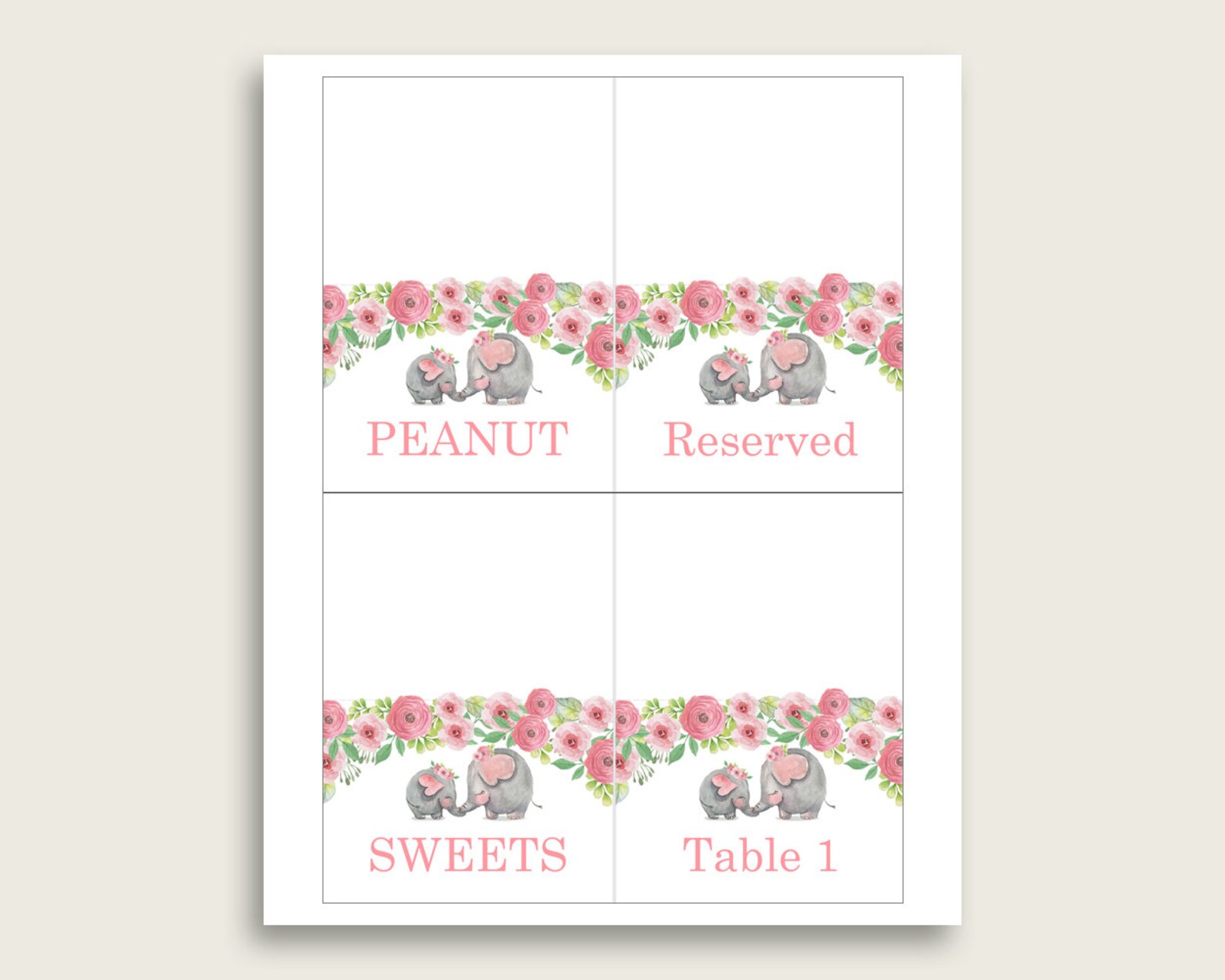 Pink Elephant Folded Food Tent Cards Printable Pink Grey | Etsy