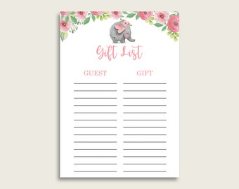 Pink Elephant Baby Shower Gift List, Pink Grey Gift List Printable, Girl Baby Shower Gift Checklist Sheet, Instant Download, ep001