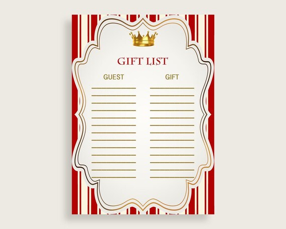 Gift List Baby Shower Gift List Prince Baby Shower Gift List Red Gold Baby Shower Prince Gift List digital print printable prints 92EDX Il_570xn