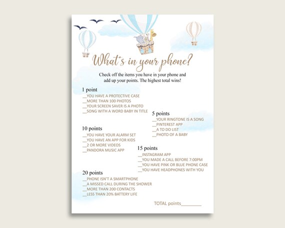 Blue White What's In Your Phone Game, Hot Air Balloon Baby Shower Boy, What's In Your Cell Phone Printable, Instant Download, CSXIS Il_570xn