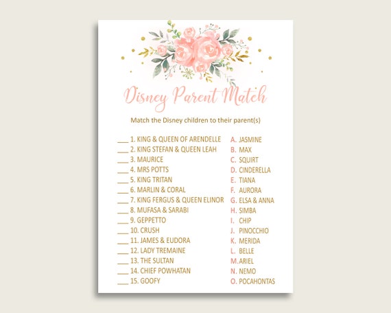 Peach Floral Disney Parent Match Game, Girl Baby Shower Game, Pink Gold Match The Disney Parents Printable, Instant Download, 1W00B Il_570xn