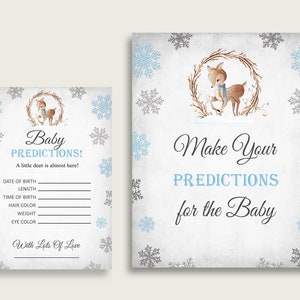 Winter Deer Baby Shower Prédiction Cartes & Signe Imprimable, Gris Bleu Bébé Prédiction Game Boy, Téléchargement Instantané, Woodland Snow Z20R3