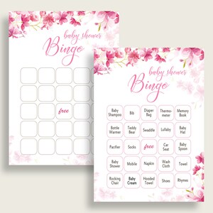 Cherry Blossom Baby Shower Bingo Cards Stampabile, Rosa Bianco Baby Shower Girl, 60 Carte gioco Bingo preriempite, Little Cherry Floral 5MQ8W